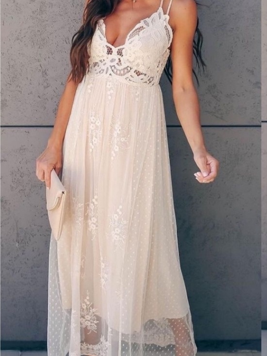 Dresses & Skirts - Lace Bodice Cream Maxi Dress with Delicate Overlay